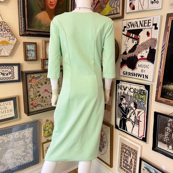 70s Vintage Green & White Polyester Button-Front Cropped Sleeve Shift Dress S - Picture 3 of 5
